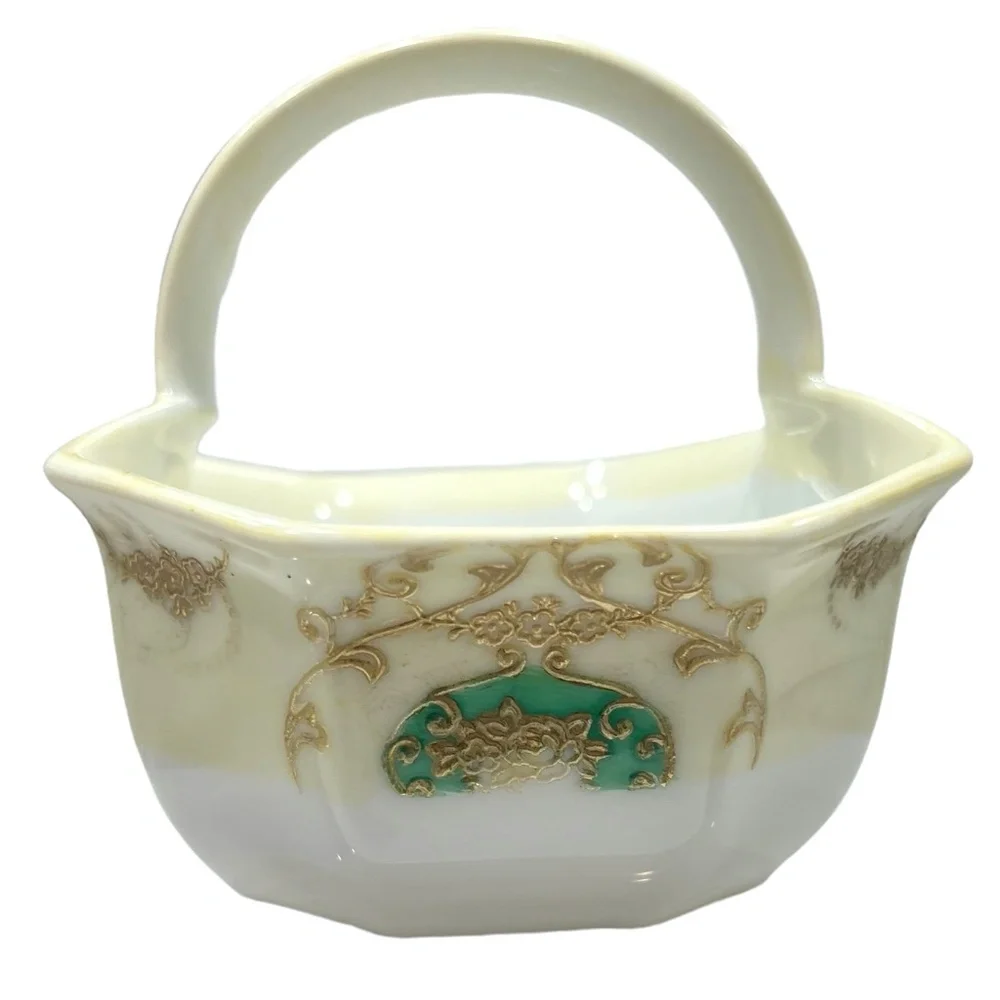 NORITAKE GREEN/GOLD/YELLOW HAND PAINTED PORCELAIN CERAMIC MINI BASKET